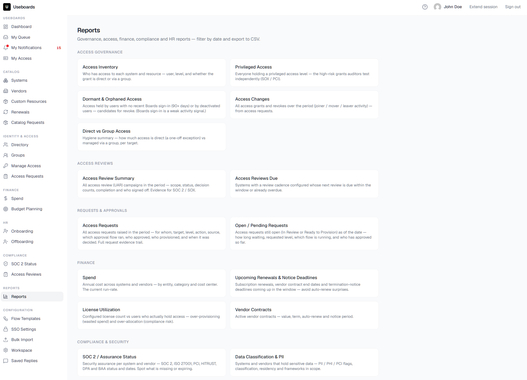 Useboards reports and evidence export for a user access review